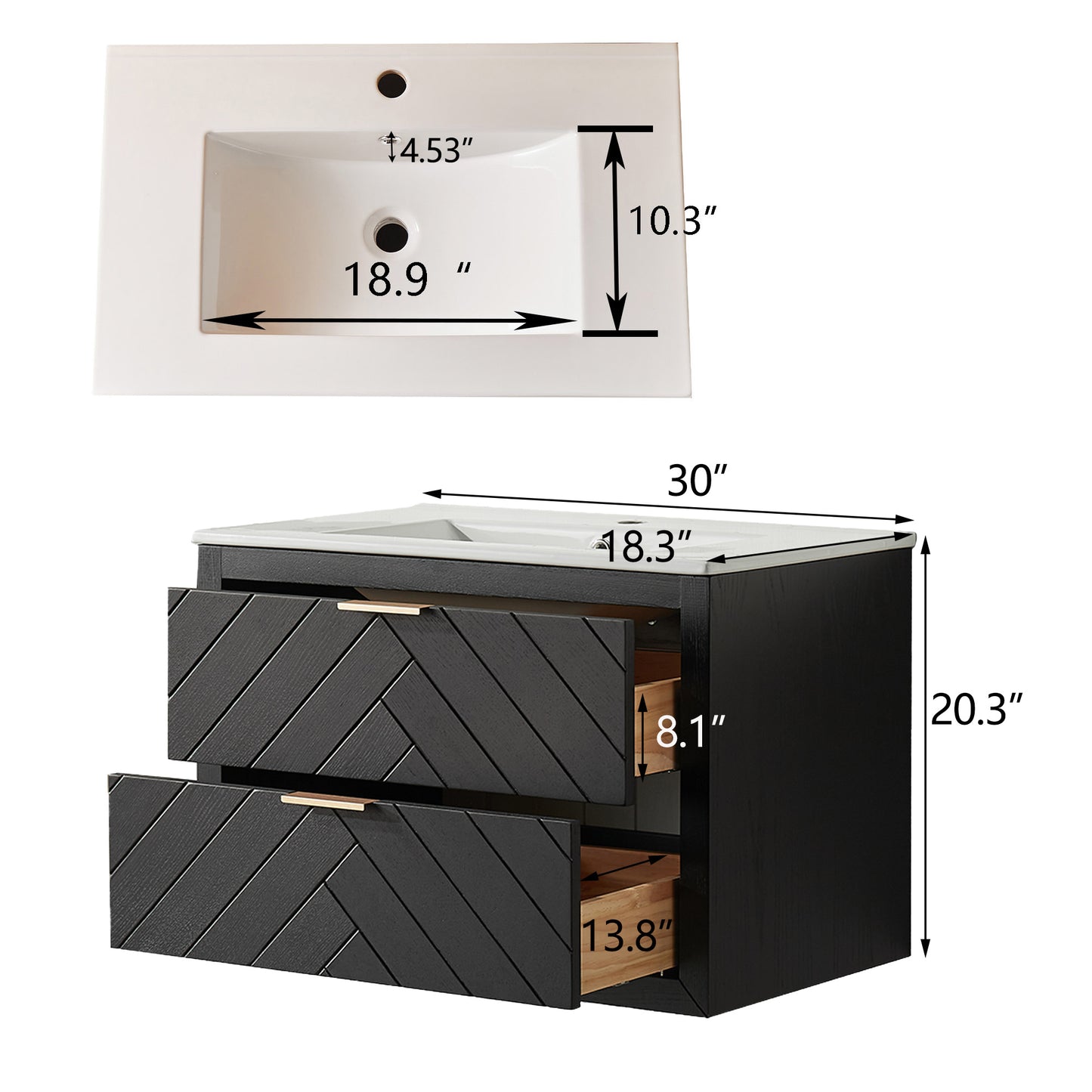 30" Wall-Mounted Bathroom Vanity – Black Textured Finish