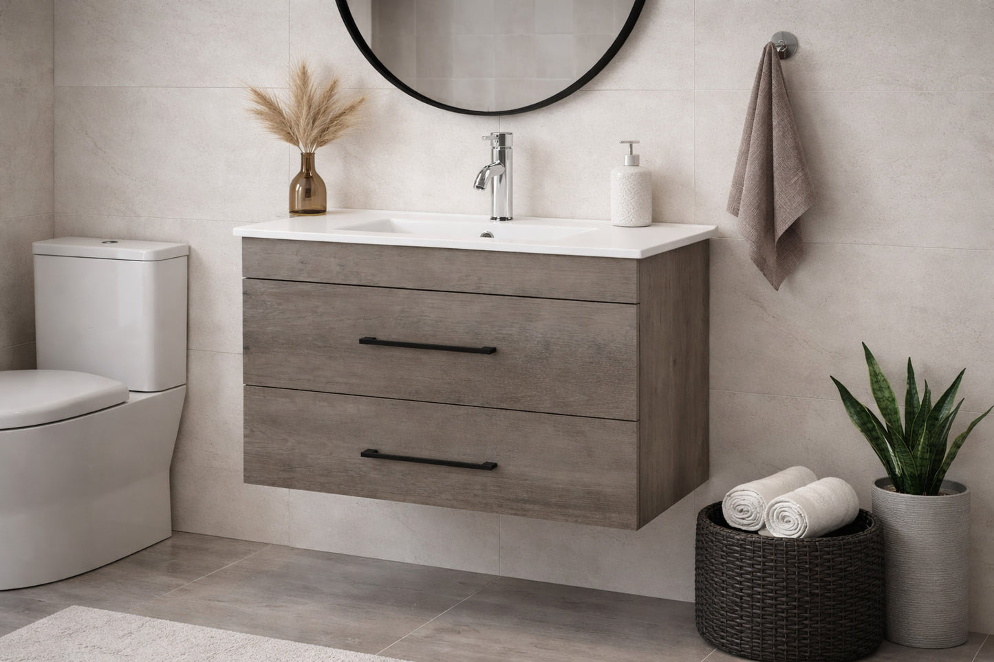 32" Wall-Mounted Bathroom Vanity – Gray Wood Grain